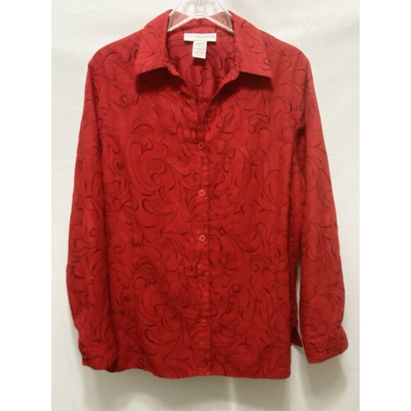 Sag Harbor Womens XL Red with Black Embroidered Floral Long Sleeve Button Up Top - Picture 1 of 8